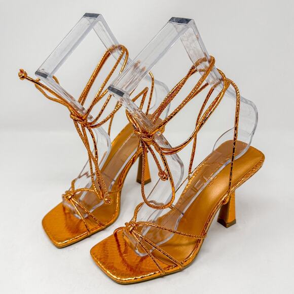 Open Edit Orange Bronze Metallic Ankle Calf Lace Strappy Sandals, NEW, Size 5 - Picture 2 of 10